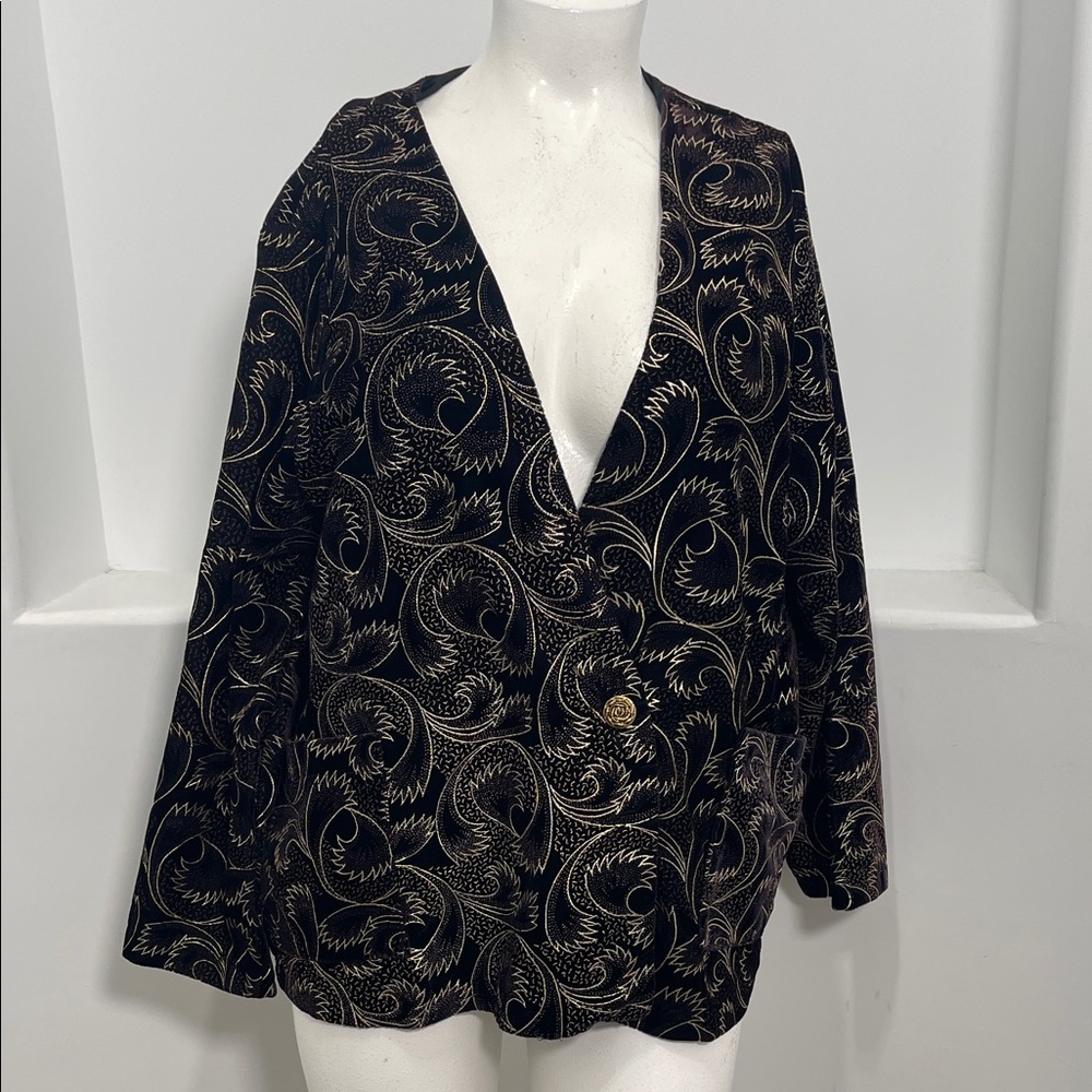 Jeri Marque Vintage Women’s  Black & Gold Patterned Classic Blazer Jacket Sz 44